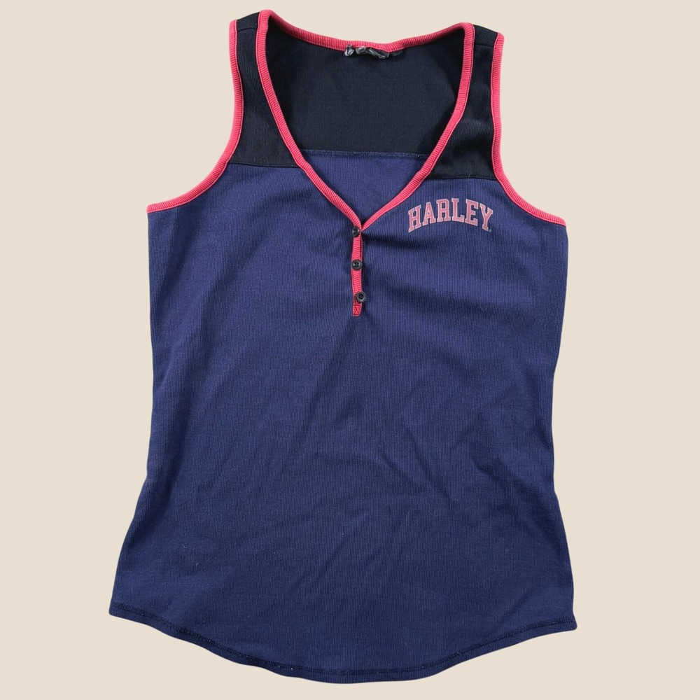 Harley-Davidson Tank Top Women M Blue Colorblock Henley Ribbed Biker Moto Retro